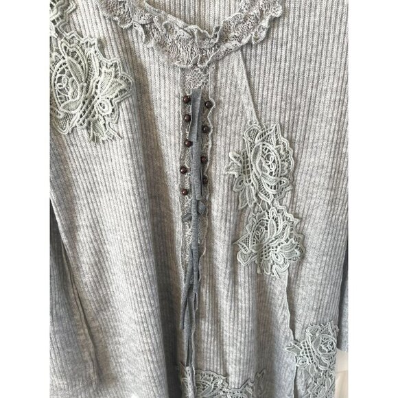 NWT Pretty Angel Long Sleeve Tunic Womens L Gray Crochet Lace Detail Linen Aline - Picture 5 of 6